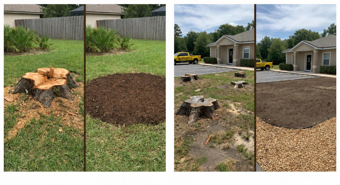Before and after stump grinding work in a Jacksonville area yard